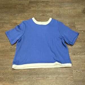 Vintage 70s retro knit sweater short sleeve blue white XL 16